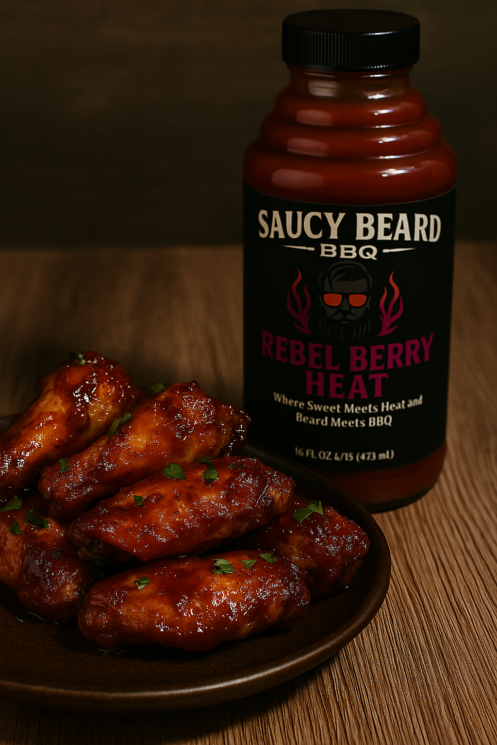 Raspberry chipotle chicken wings glazed with Rebel Berry Heat BBQ Sauce by Saucy Beard BBQ.