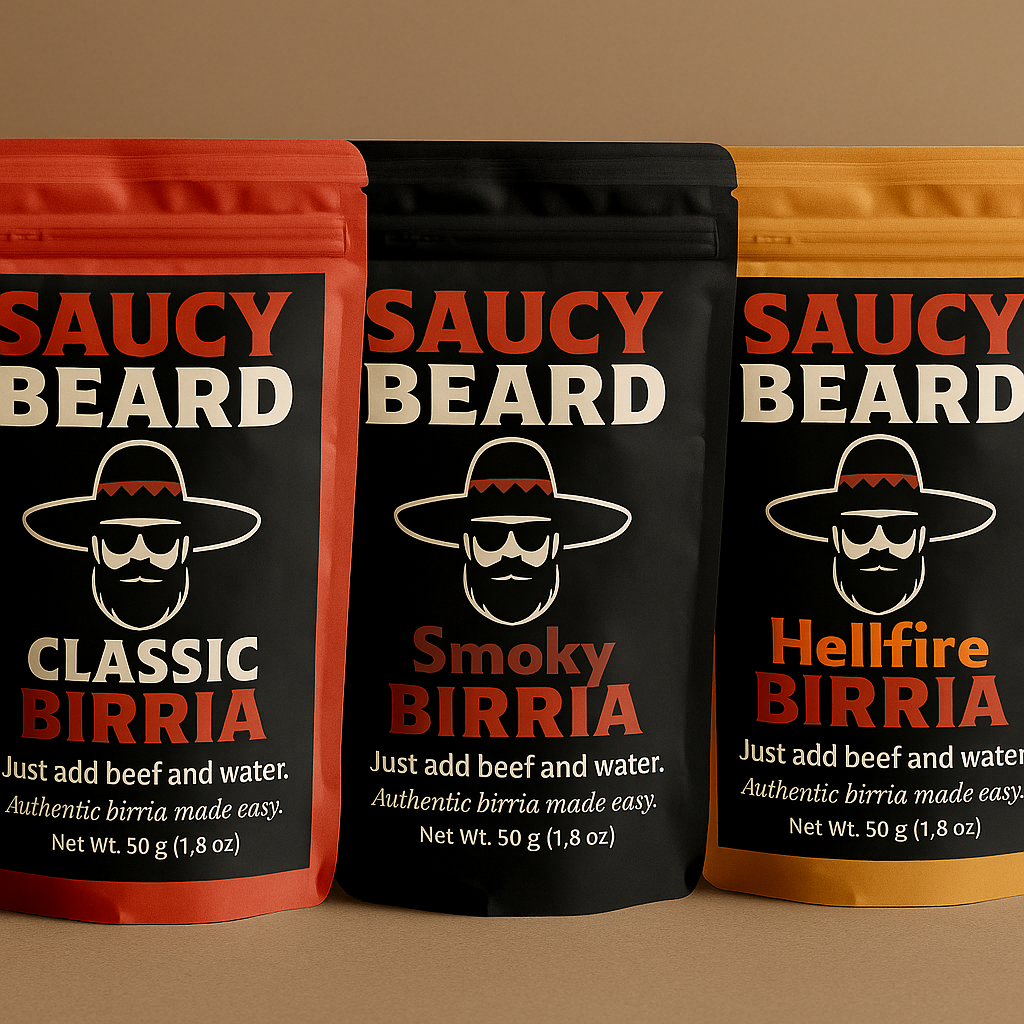 Saucy Beard Birria Seasoning Mix – Classic, Smoky & Hellfire – Authentic Mexican Flavor, 50g Packet